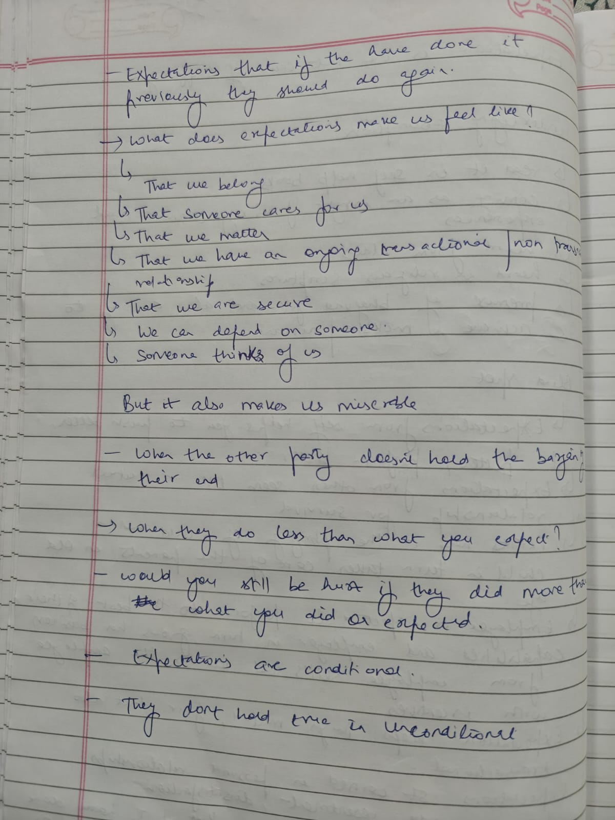 Second handwritten page continuing the thinking. What expectations make us feel, and when they break down.